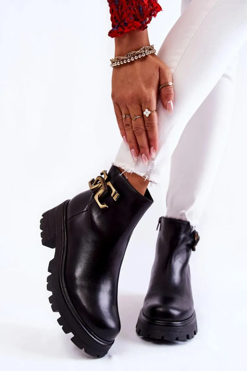 New Ocieplane Botki Workery Z Ozdobą 2500 Czarne Damskie Botki Skórzane|Czarne Botki