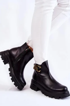 New Ocieplane Botki Workery Z Ozdobą 2500 Czarne Damskie Botki Skórzane|Czarne Botki