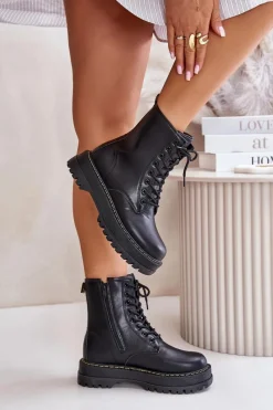 Discount Evento Ocieplane Botki Workery z Eko Skóry Na Zamek Czarne Naleli Czarny