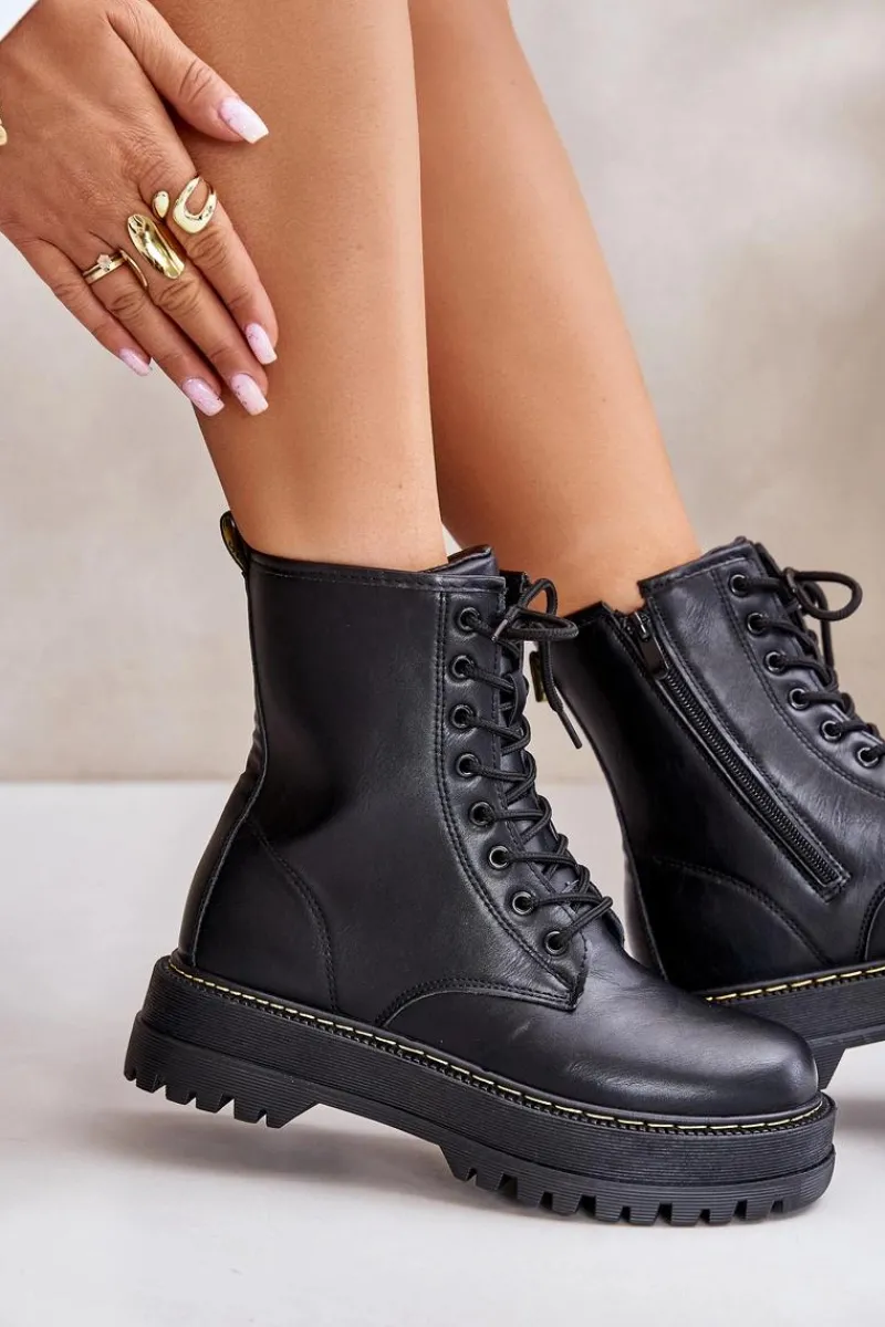 Discount Evento Ocieplane Botki Workery z Eko Skóry Na Zamek Czarne Naleli Czarny