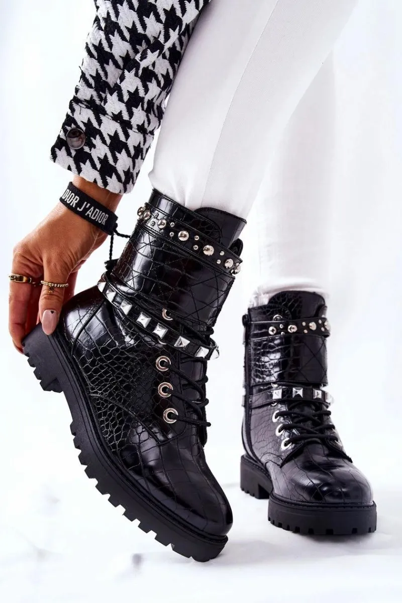 Best Ocieplane Botki Workery Z Ćwiekami Czarne Nephele Damskie Botki Sznurowane|Czarne Botki