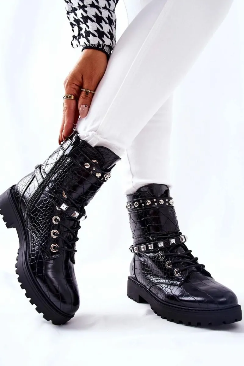 Best Ocieplane Botki Workery Z Ćwiekami Czarne Nephele Damskie Botki Sznurowane|Czarne Botki