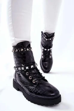 Best Ocieplane Botki Workery Z Ćwiekami Czarne Nephele Damskie Botki Sznurowane|Czarne Botki