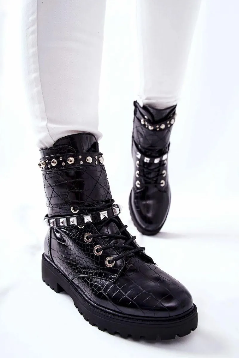 Best Ocieplane Botki Workery Z Ćwiekami Czarne Nephele Damskie Botki Sznurowane|Czarne Botki