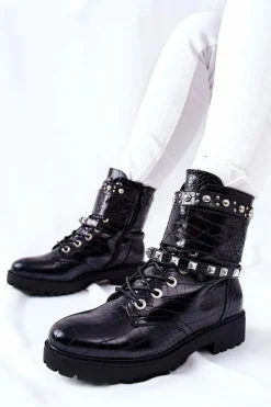 Best Ocieplane Botki Workery Z Ćwiekami Czarne Nephele Damskie Botki Sznurowane|Czarne Botki