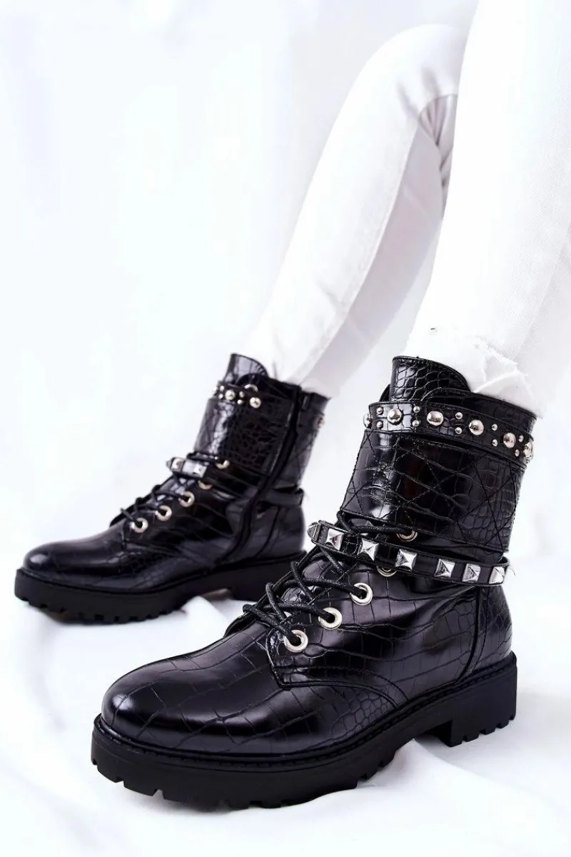 Best Ocieplane Botki Workery Z Ćwiekami Czarne Nephele Damskie Botki Sznurowane|Czarne Botki