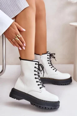 Ocieplane Botki Workery z Eko Skóry Na Zamek Białe Naleli Damskie Botki Ocieplane|Botki Sznurowane