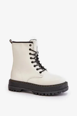 Ocieplane Botki Workery z Eko Skóry Na Zamek Białe Naleli Damskie Botki Ocieplane|Botki Sznurowane