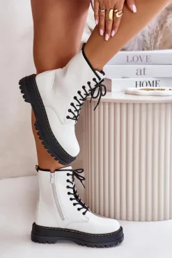 Ocieplane Botki Workery z Eko Skóry Na Zamek Białe Naleli Damskie Botki Ocieplane|Botki Sznurowane