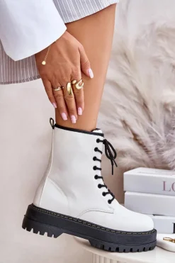 Ocieplane Botki Workery z Eko Skóry Na Zamek Białe Naleli Damskie Botki Ocieplane|Botki Sznurowane