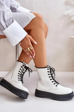 Ocieplane Botki Workery z Eko Skóry Na Zamek Białe Naleli Damskie Botki Ocieplane|Botki Sznurowane