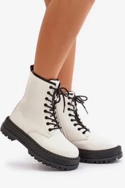 Ocieplane Botki Workery z Eko Skóry Na Zamek Białe Naleli Damskie Botki Ocieplane|Botki Sznurowane
