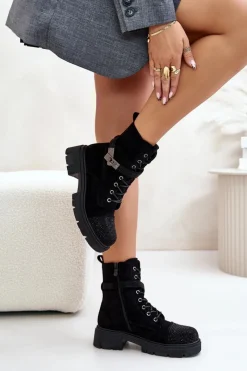 Hot Damskie buty S.Barski Ocieplane Botki Workery Ze Zdobieniem S.Barski HY42-281 Czarne