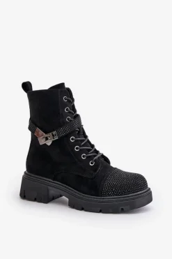 Hot Damskie buty S.Barski Ocieplane Botki Workery Ze Zdobieniem S.Barski HY42-281 Czarne