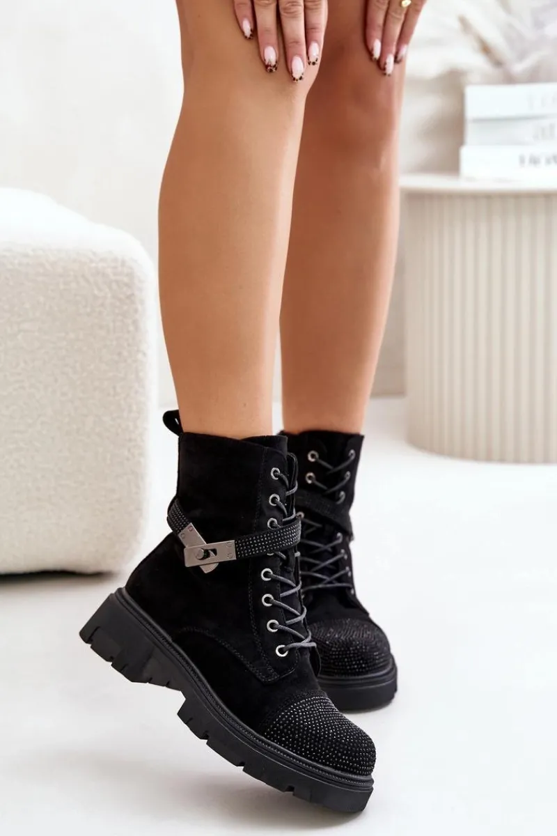 Hot Damskie buty S.Barski Ocieplane Botki Workery Ze Zdobieniem S.Barski HY42-281 Czarne