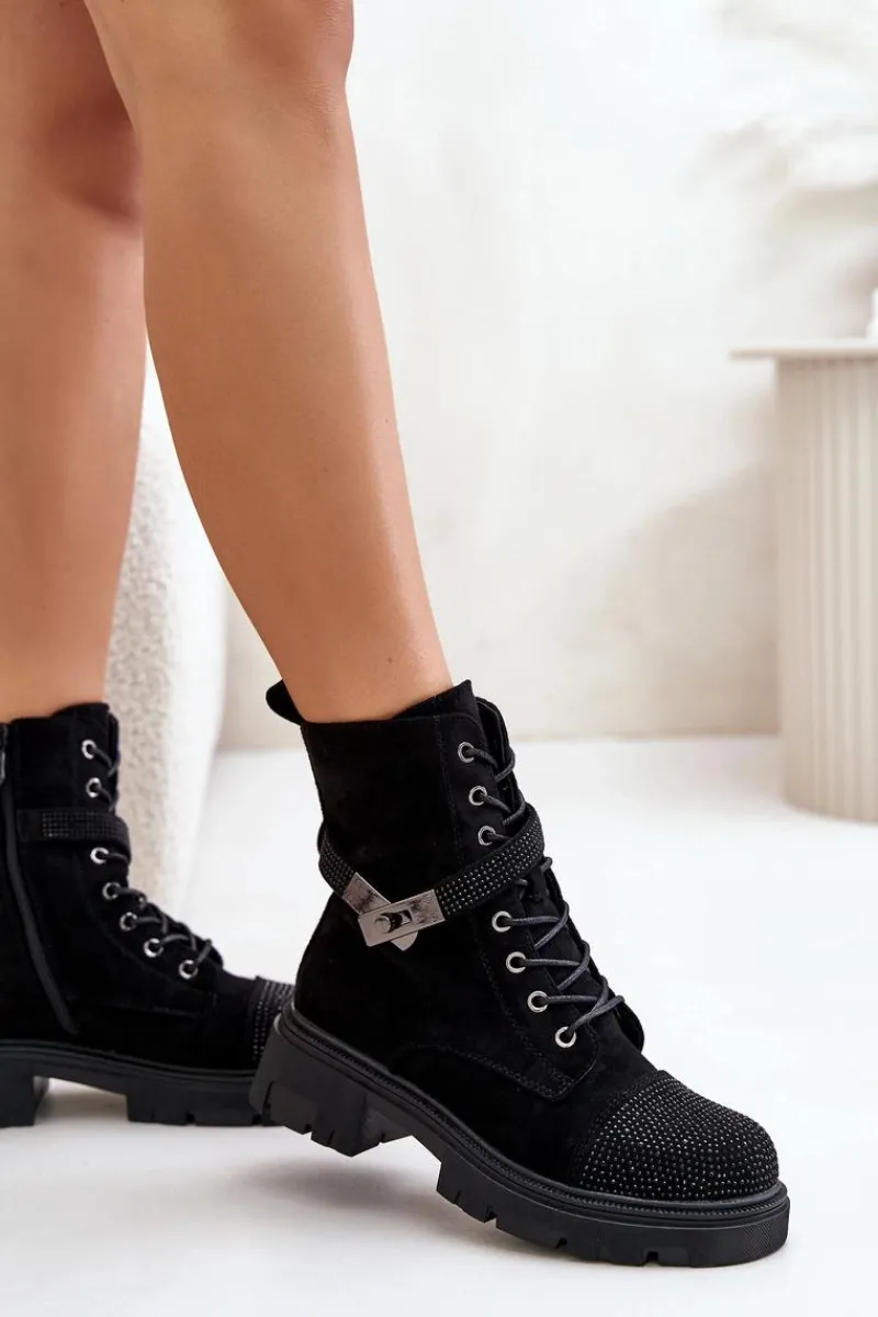 Hot Damskie buty S.Barski Ocieplane Botki Workery Ze Zdobieniem S.Barski HY42-281 Czarne