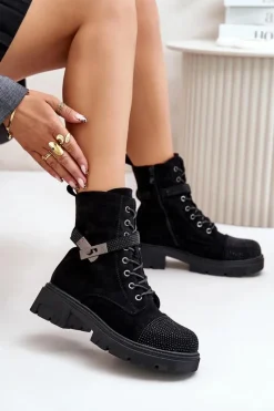 Hot Damskie buty S.Barski Ocieplane Botki Workery Ze Zdobieniem S.Barski HY42-281 Czarne