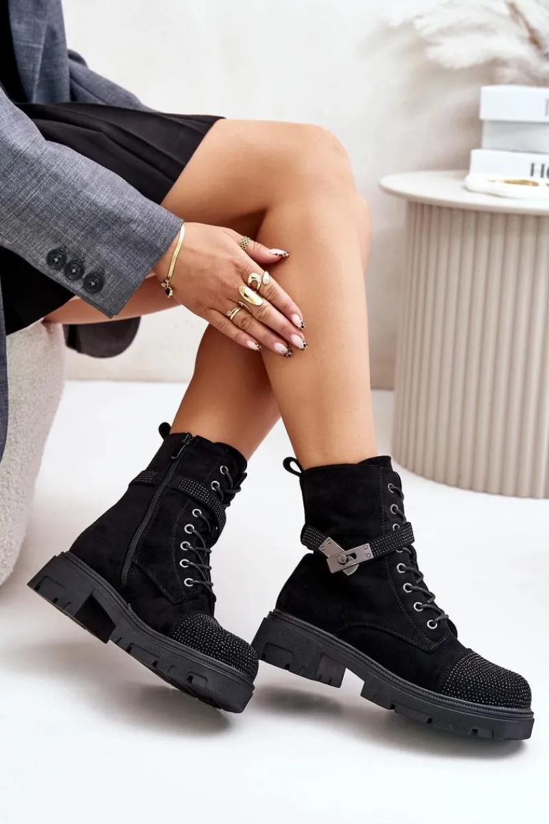 Hot Damskie buty S.Barski Ocieplane Botki Workery Ze Zdobieniem S.Barski HY42-281 Czarne