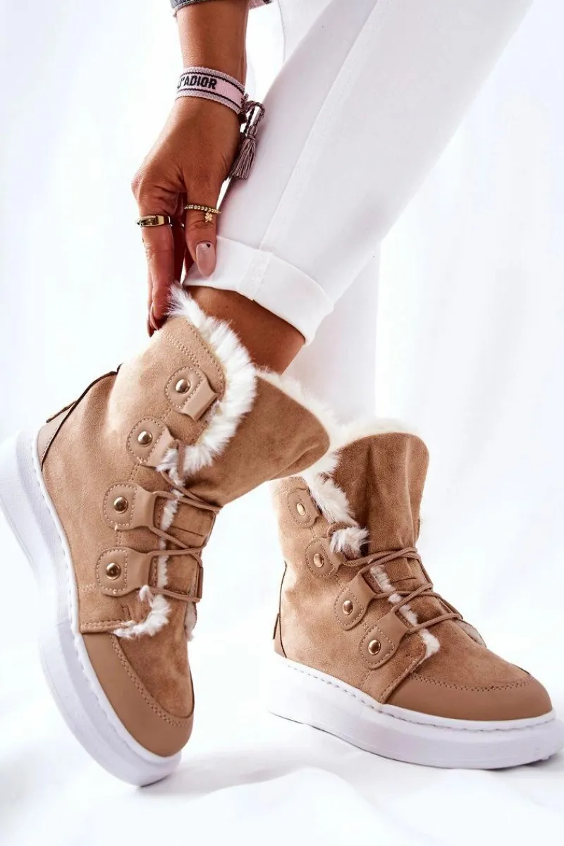 Outlet Boto Ocieplane Botki Z Futerkiem Beżowe Hoppy