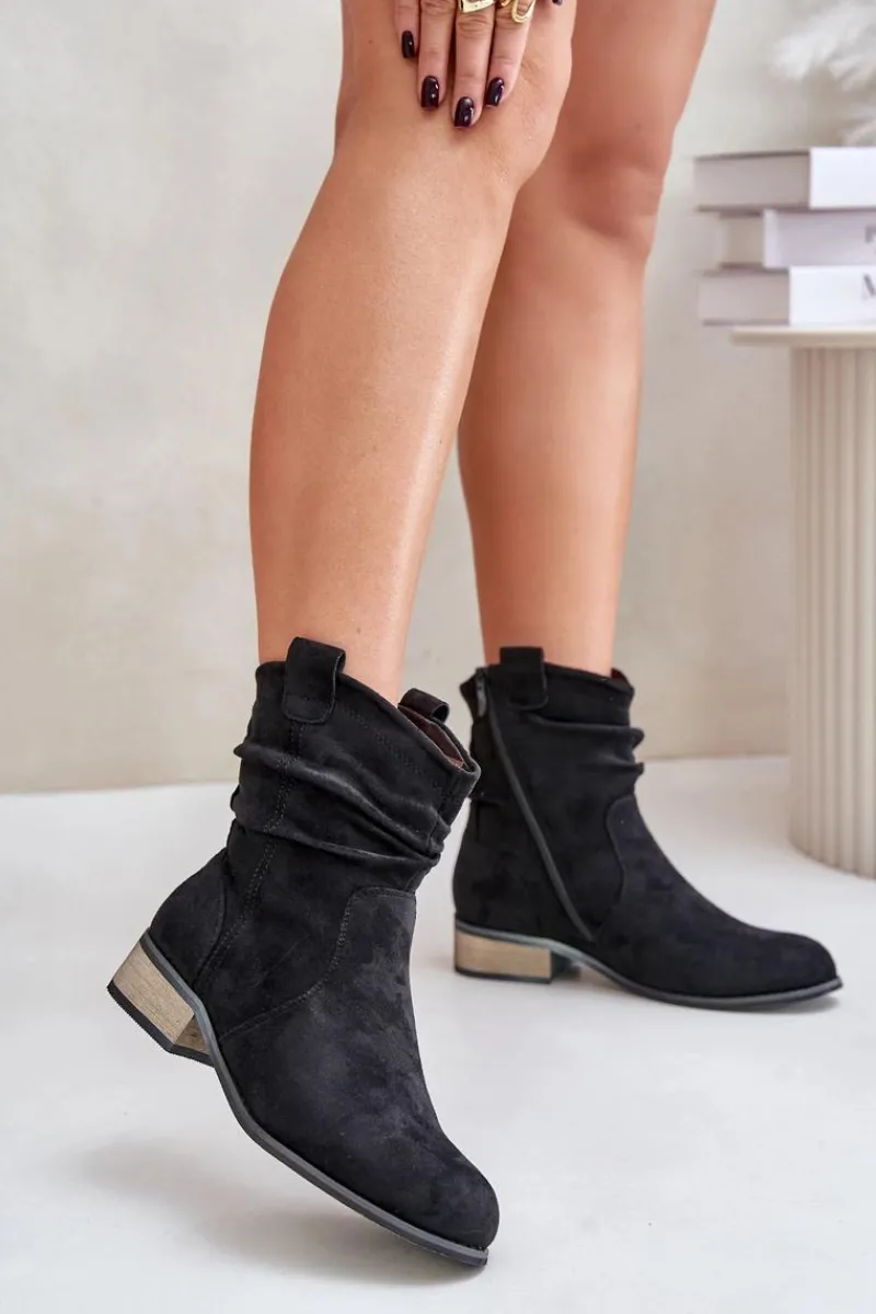 Sale Ocieplane Botki Z Marszczeniem Na Niskim Obcasie Czarne Elletinnia Damskie Botki Ocieplane|Brązowe I Beżowe Botki