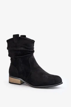 Sale Ocieplane Botki Z Marszczeniem Na Niskim Obcasie Czarne Elletinnia Damskie Botki Ocieplane|Brązowe I Beżowe Botki