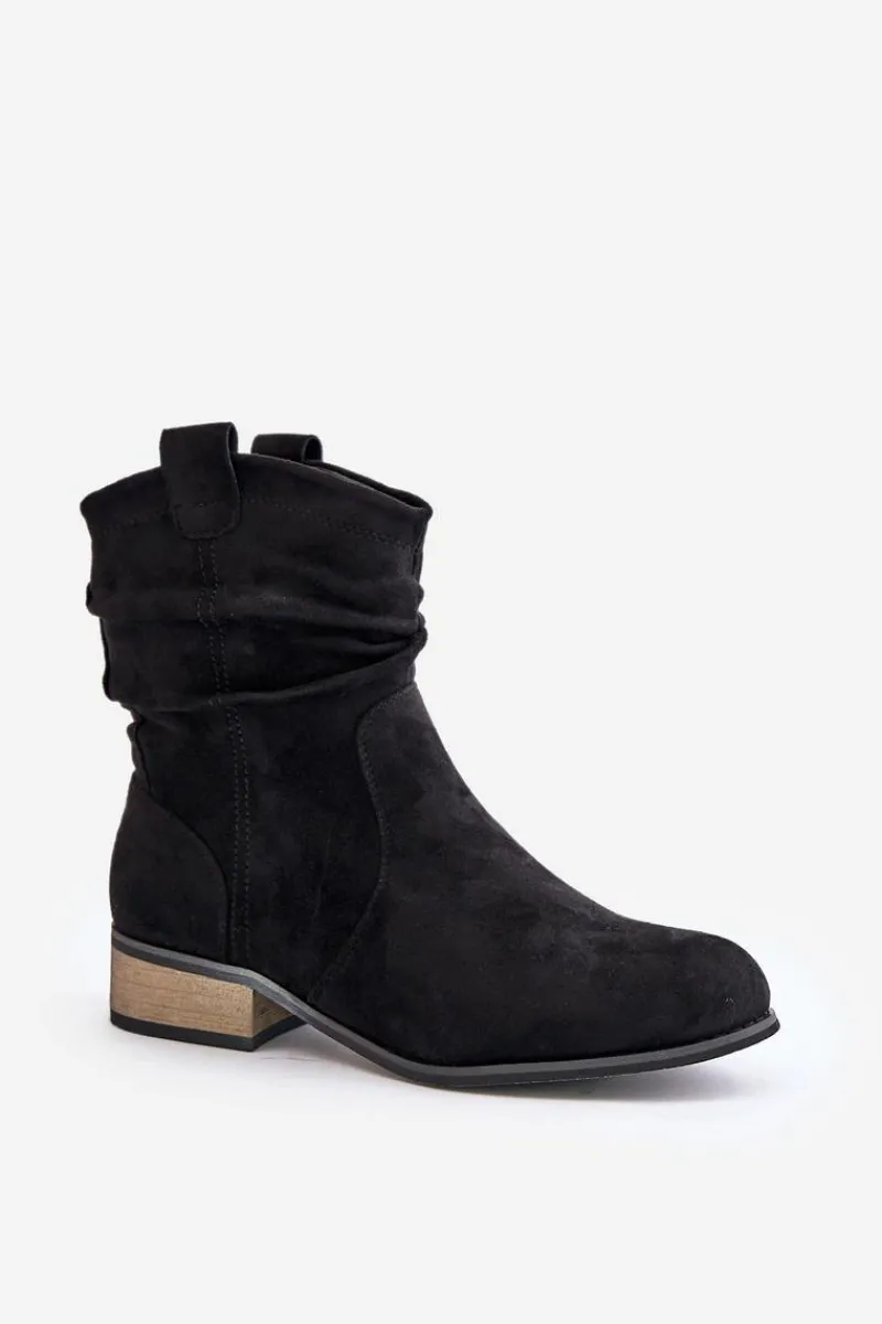 Sale Ocieplane Botki Z Marszczeniem Na Niskim Obcasie Czarne Elletinnia Damskie Botki Ocieplane|Brązowe I Beżowe Botki