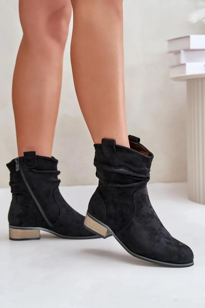 Sale Ocieplane Botki Z Marszczeniem Na Niskim Obcasie Czarne Elletinnia Damskie Botki Ocieplane|Brązowe I Beżowe Botki