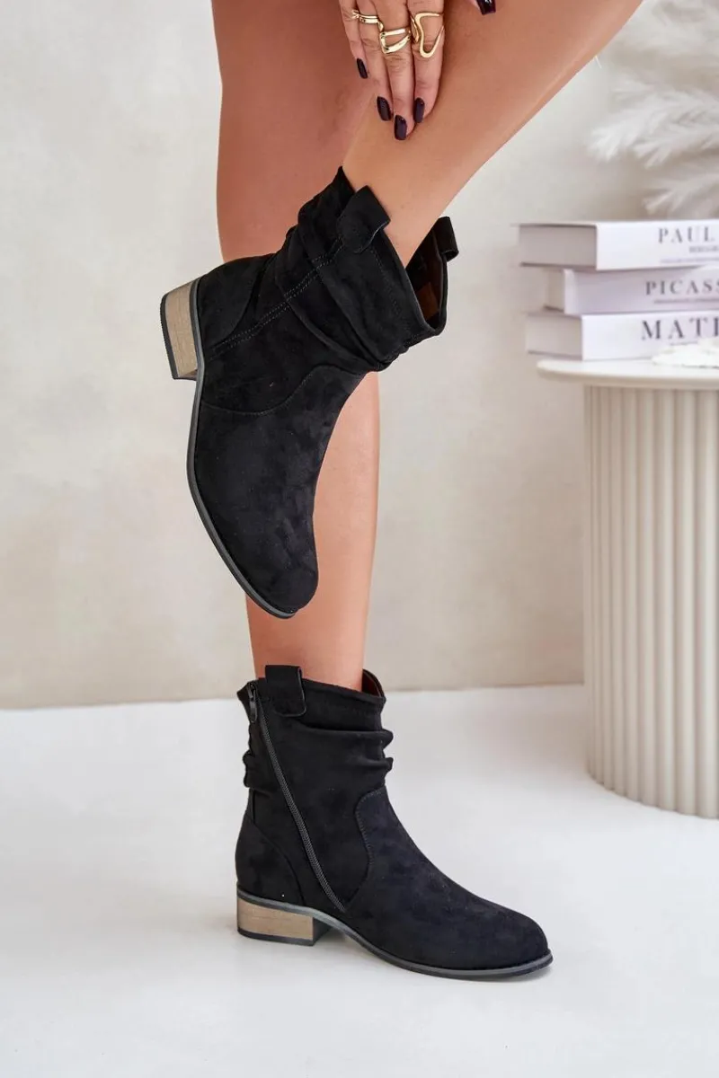 Sale Ocieplane Botki Z Marszczeniem Na Niskim Obcasie Czarne Elletinnia Damskie Botki Ocieplane|Brązowe I Beżowe Botki