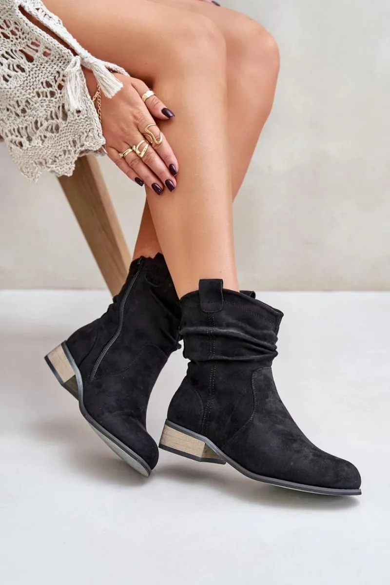 Sale Ocieplane Botki Z Marszczeniem Na Niskim Obcasie Czarne Elletinnia Damskie Botki Ocieplane|Brązowe I Beżowe Botki