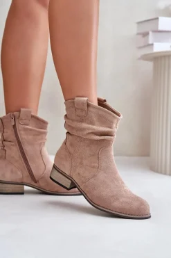 New Evento Ocieplane Botki Z Marszczeniem Na Niskim Obcasie Beżowe Elletinnia Beżowy