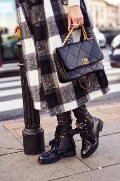 New Ocieplane Botki Z Metalowymi Perełkami I Wstążką Czarne Perla Damskie Botki Sznurowane|Czarne Botki