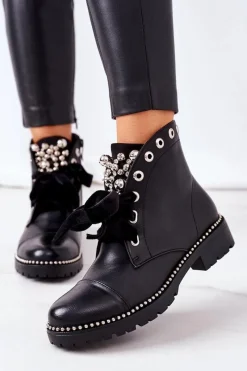 Sale Boto Ocieplane Botki Z Metalowymi Perełkami, Dżetami I Wstążką Czarne Perla