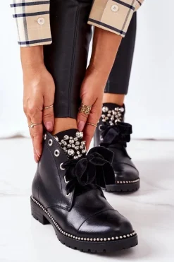 Sale Boto Ocieplane Botki Z Metalowymi Perełkami, Dżetami I Wstążką Czarne Perla