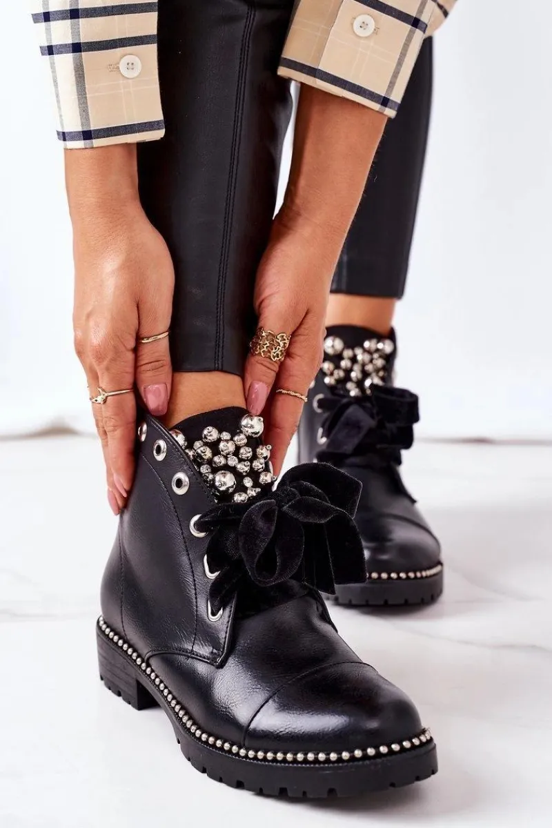 Sale Boto Ocieplane Botki Z Metalowymi Perełkami, Dżetami I Wstążką Czarne Perla