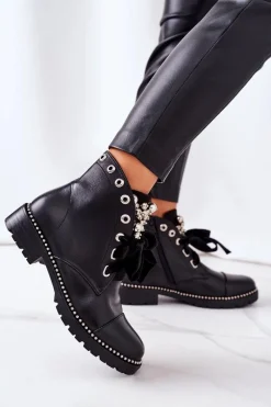 Sale Boto Ocieplane Botki Z Metalowymi Perełkami, Dżetami I Wstążką Czarne Perla