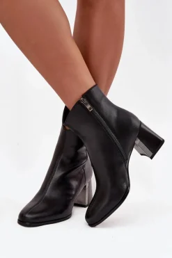 Sale Ocieplane Botki Z Naturalnej Skóry Na Słupku K7203-04 Czarne Damskie Botki Maciejka|Botki Skórzane