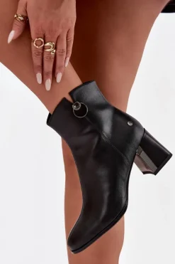 Sale Ocieplane Botki Z Naturalnej Skóry Na Słupku K7203-04 Czarne Damskie Botki Maciejka|Botki Skórzane