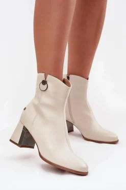 Best Ocieplane Botki Z Naturalnej Skóry Na Słupku K7203-04 Beżowe Damskie Botki Maciejka|Botki Skórzane