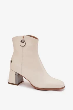 Best Ocieplane Botki Z Naturalnej Skóry Na Słupku K7203-04 Beżowe Damskie Botki Maciejka|Botki Skórzane