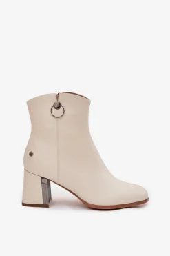 Best Ocieplane Botki Z Naturalnej Skóry Na Słupku K7203-04 Beżowe Damskie Botki Maciejka|Botki Skórzane