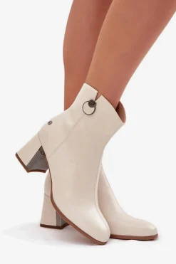 Best Ocieplane Botki Z Naturalnej Skóry Na Słupku K7203-04 Beżowe Damskie Botki Maciejka|Botki Skórzane