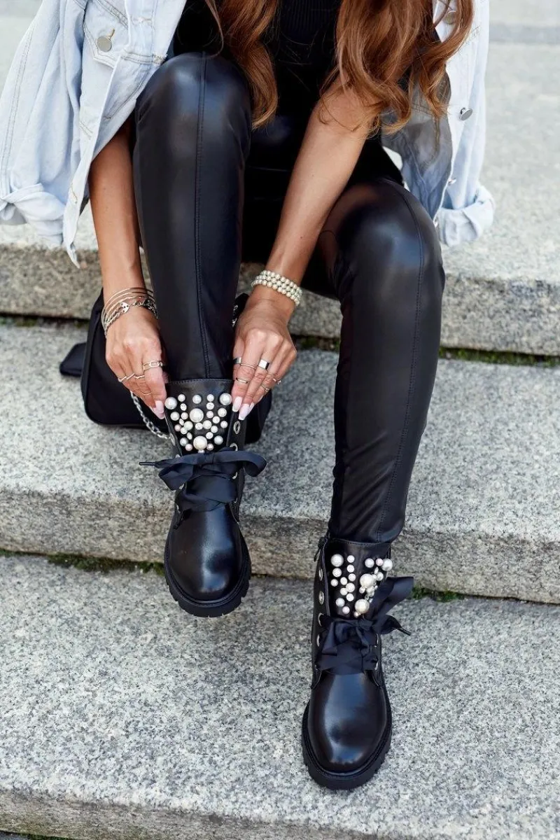 Sale Ocieplane Botki Z Perełkami I Wstążką Czarne Perla Damskie Botki Sznurowane|Czarne Botki