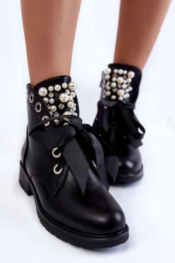 Sale Ocieplane Botki Z Perełkami I Wstążką Czarne Perla Damskie Botki Sznurowane|Czarne Botki