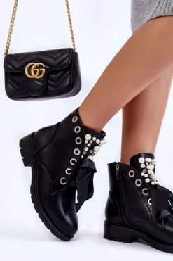 Sale Ocieplane Botki Z Perełkami I Wstążką Czarne Perla Damskie Botki Sznurowane|Czarne Botki