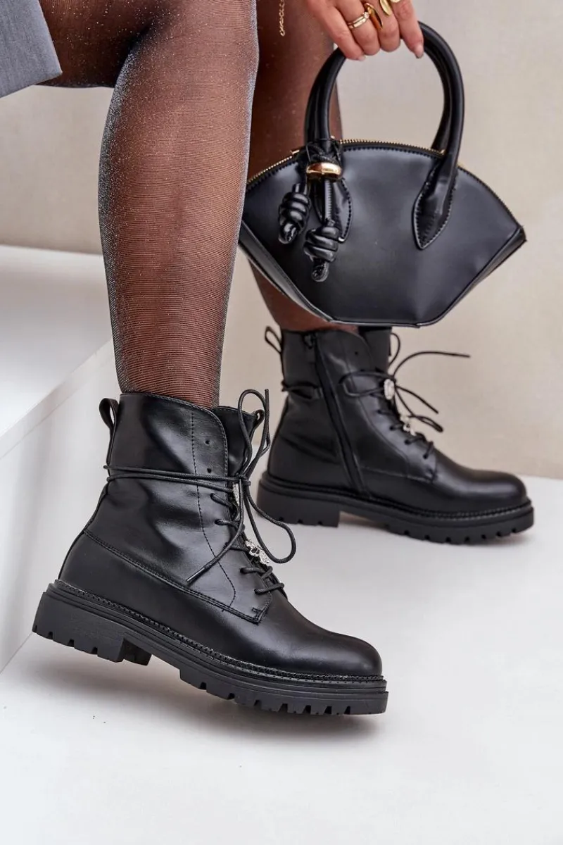 Botki Ocieplane|Botki Sznurowane>Evento Ocieplane Botki Z Przypinkami Na Sznurowaniu Czarne Irivina