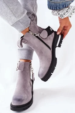 Czarne Botki|Botki Zimowe Damskie>Boto Ocieplane Botki Z Suwakiem Szare Cortona