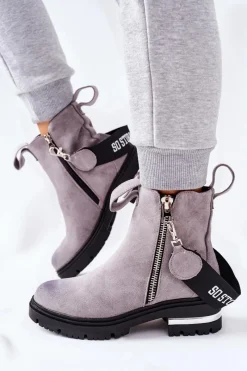 Czarne Botki|Botki Zimowe Damskie>Boto Ocieplane Botki Z Suwakiem Szare Cortona