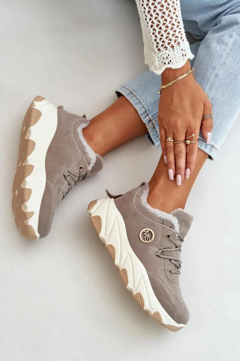 Sneakersy Damskie|Botki Sznurowane>Boto Ocieplane Buty Sportowe Damskie Sznurowane Na Platformie Szare Bialoa