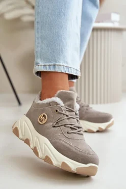 Sneakersy Damskie|Botki Sznurowane>Boto Ocieplane Buty Sportowe Damskie Sznurowane Na Platformie Szare Bialoa