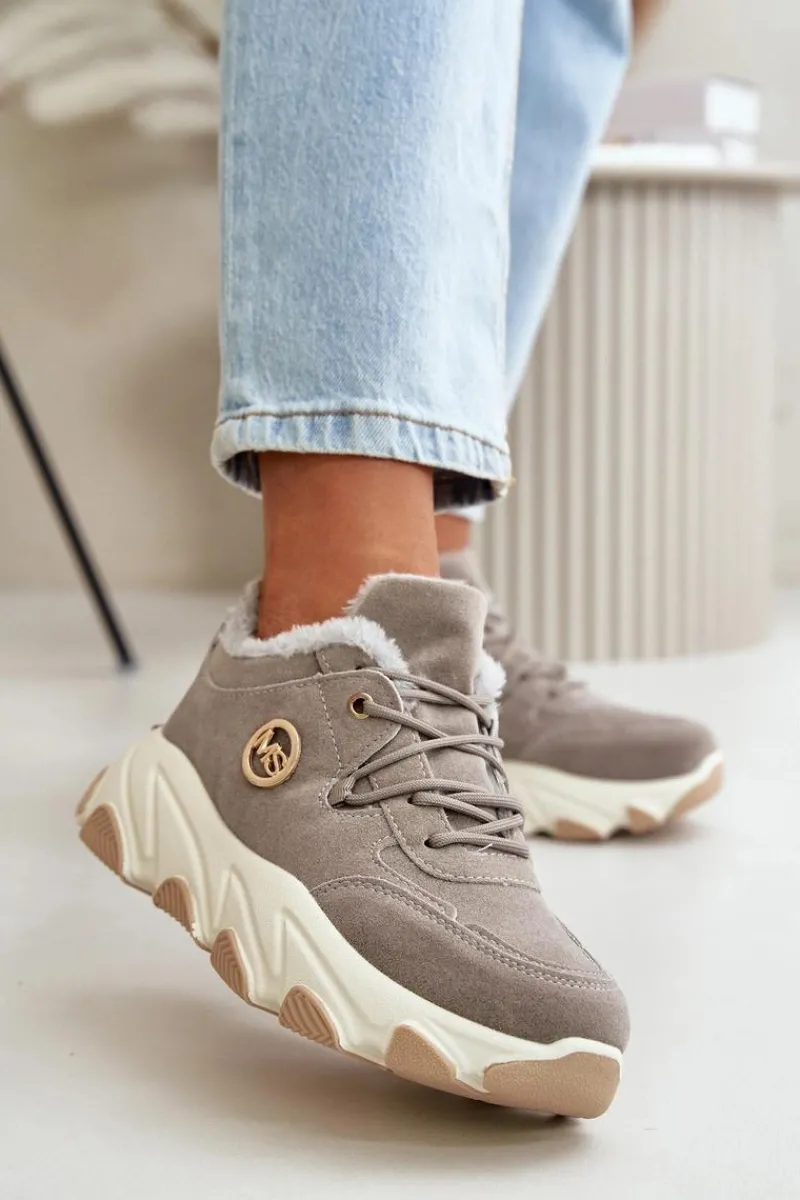 Sneakersy Damskie|Botki Sznurowane>Boto Ocieplane Buty Sportowe Damskie Sznurowane Na Platformie Szare Bialoa